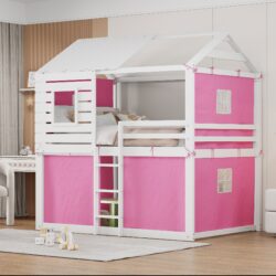Full Size Bunk House Bed With Tent - Pink / White
