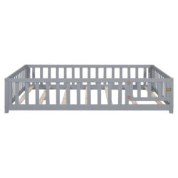 Montessori - Full Size Wooden Floor Platform Bed With Fence And Door, Montessori Floor Bed Frame With Support Slats For Toddlers - Gray