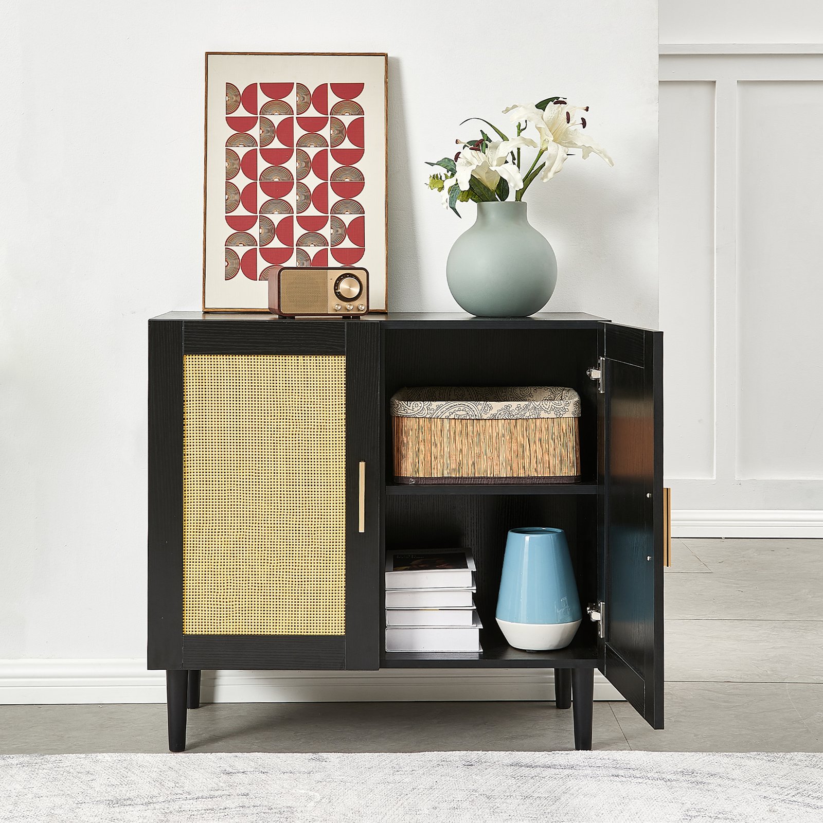 Side Panel Buffet Cabinet With Natural Rattan Door, Rattan Storage Cabinet With Adjustable Shelves, Side Panel And Buffet With Storage Space, Modern Console Cabinet In Bedroom And Living Room - Black / Beige - Image 5