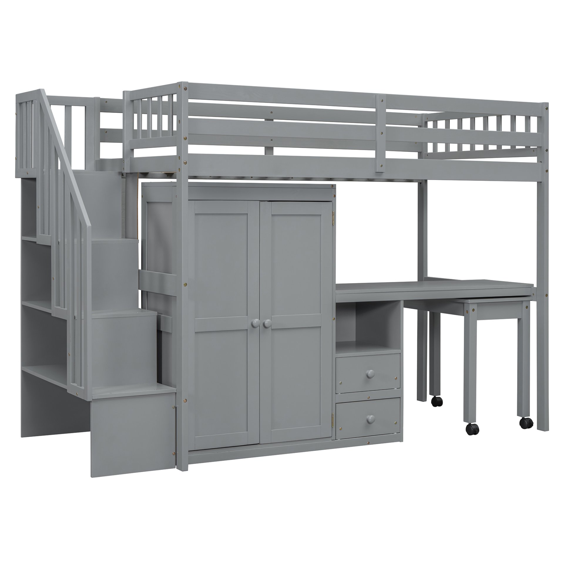 Twin Size Loft Bed With Stairs, Bookshelf, Drawers, Desk & Wardrobe, Space Saving Multifunctional Furniture - Gray - Image 4