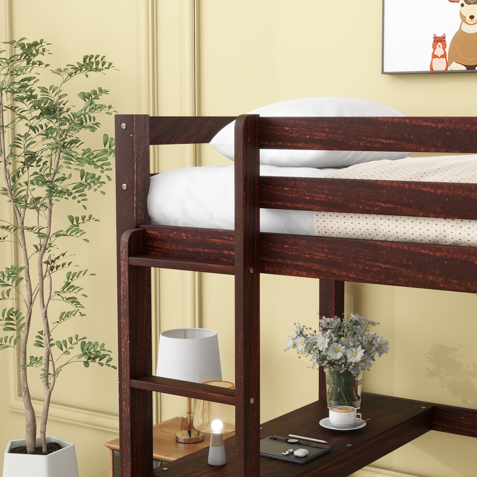 Twin Loft Pine Wood Bed With Built-In Desk, Safety Guardrails, Ladder - Espresso - Image 3