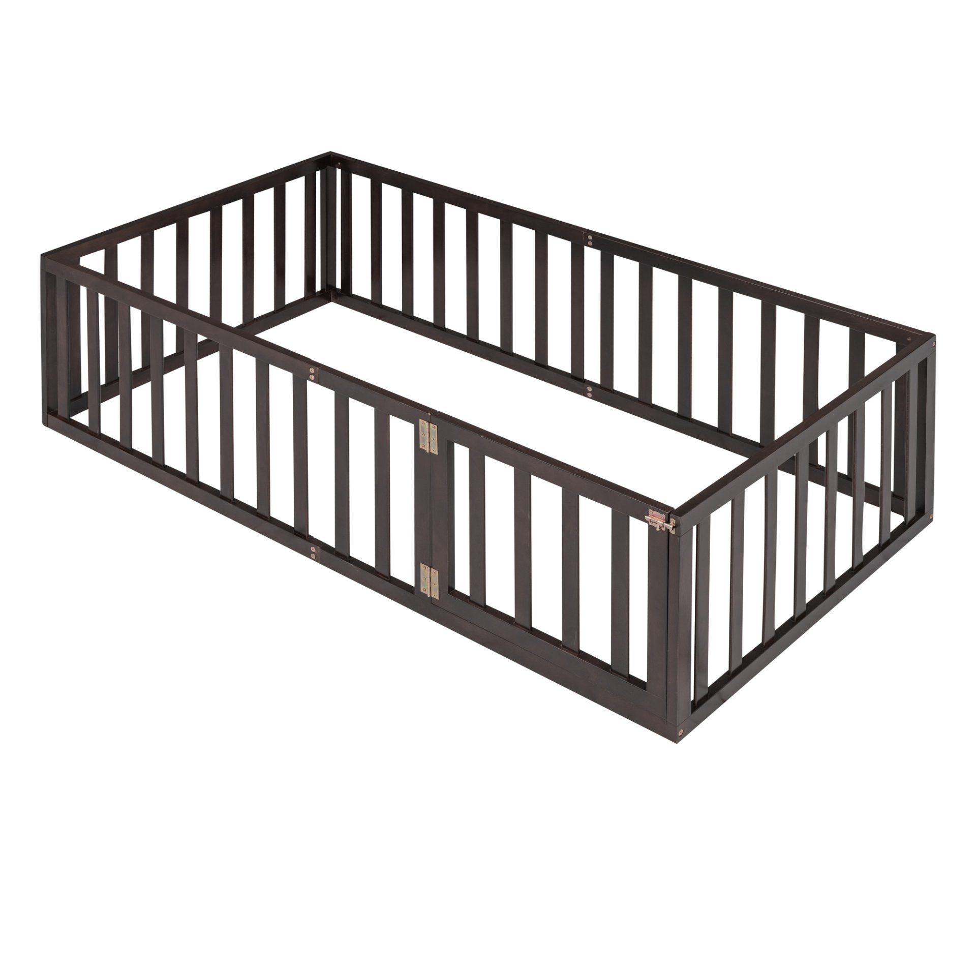 Twin Size Floor Bed Frame With Fence And Door - Walnut - Image 8