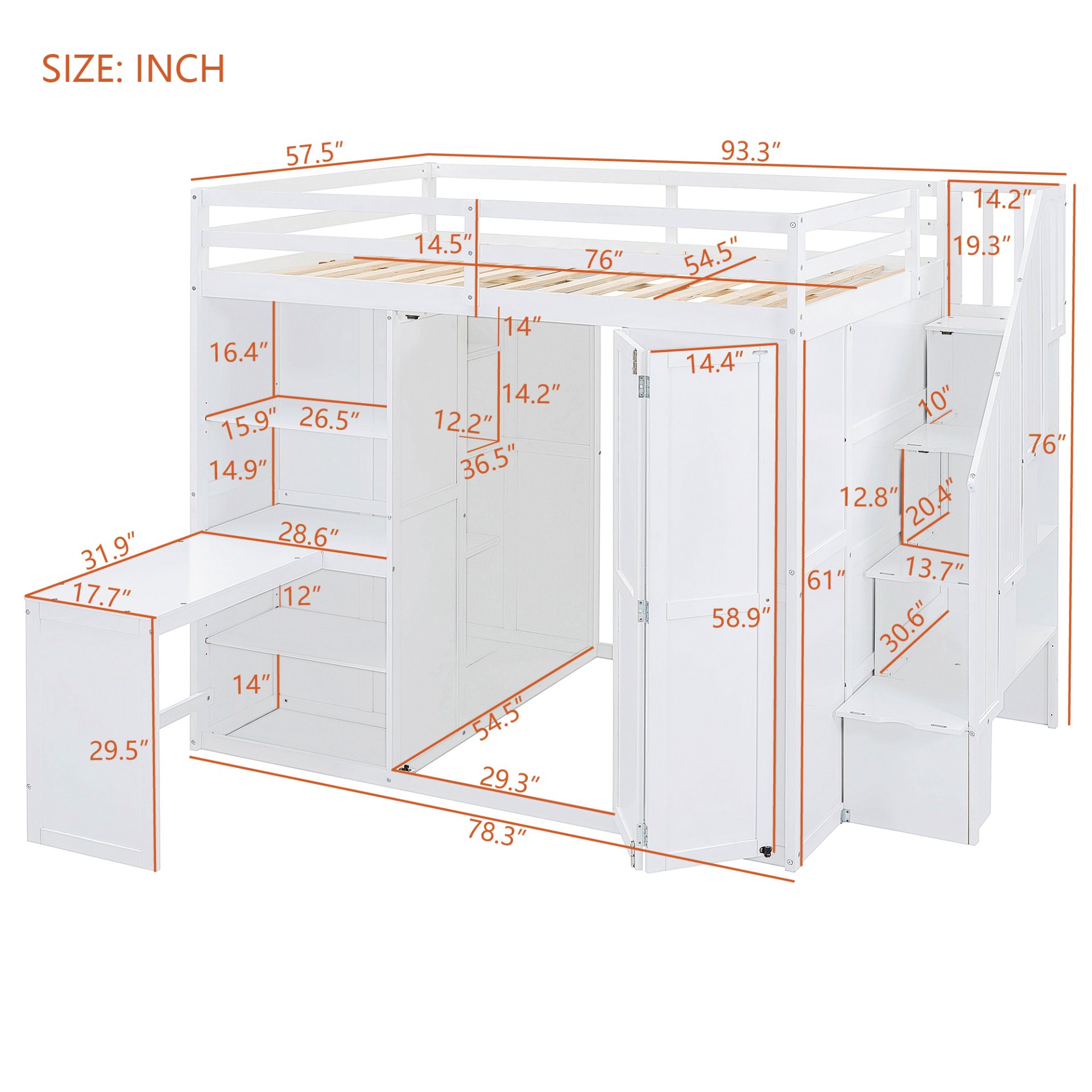 Full Size Loft Bed With Wardrobe, Desk And Shelves - White - Image 10