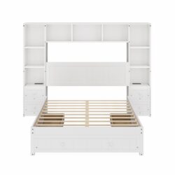 Full Size Pine Wood Platform Bed With All In 1 2 Nightstand, Storage Shelf And Cabinet Bookcase With 2 Charging Stations, Multi Functional Captain Bed Frame With 3 Drawers - White