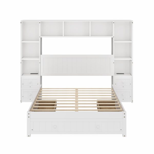 Full Size Pine Wood Platform Bed With All In 1 2 Nightstand, Storage Shelf And Cabinet Bookcase With 2 Charging Stations, Multi Functional Captain Bed Frame With 3 Drawers - White