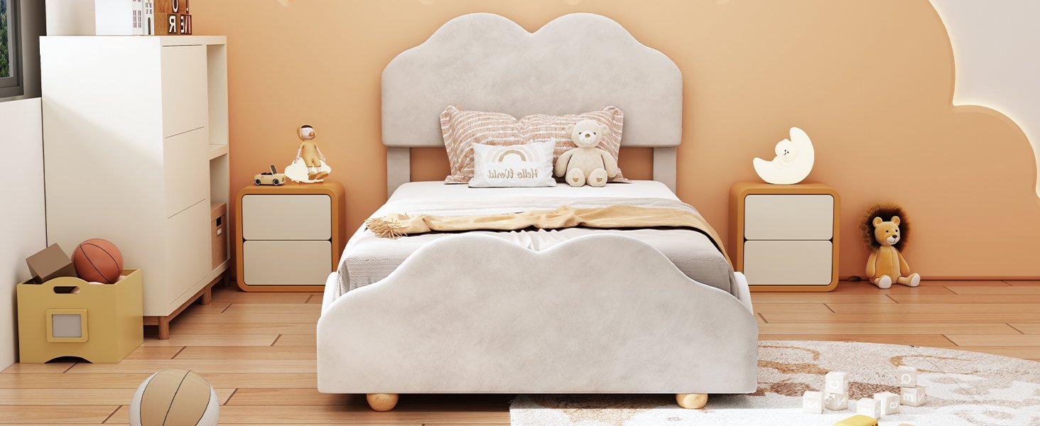 Twin Size Upholstered Platform Bed With Cloud Shaped Board - Beige - Image 13