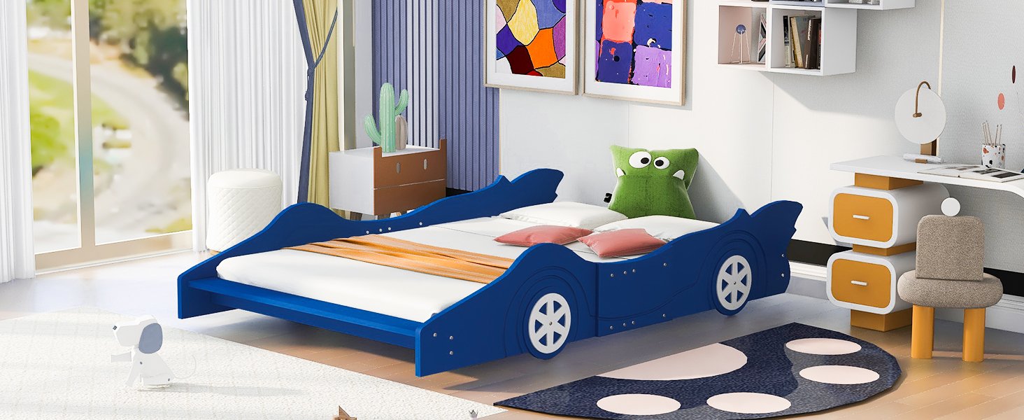 Full Size Race Car-Shaped Platform Bed & Wheels - Blue - Image 12