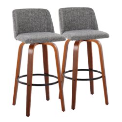 Toriano - Mid-Century Modern Fixed Height Barstool With Swivel With Round Footrest (Set of 2) - Walnut / Gray