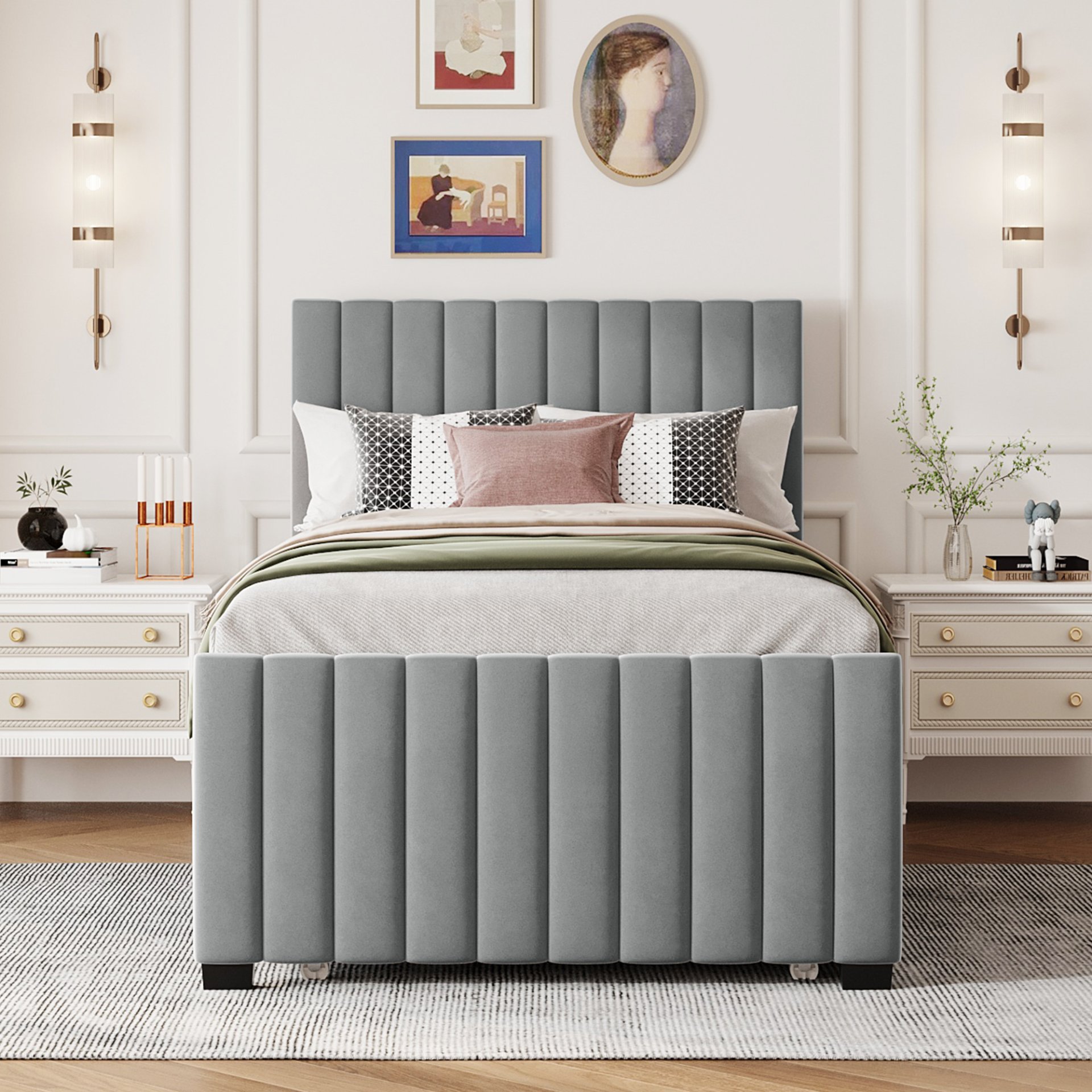 Twin Size Upholstered Platform Bed With Twin Size Trundle - Gray - Image 2