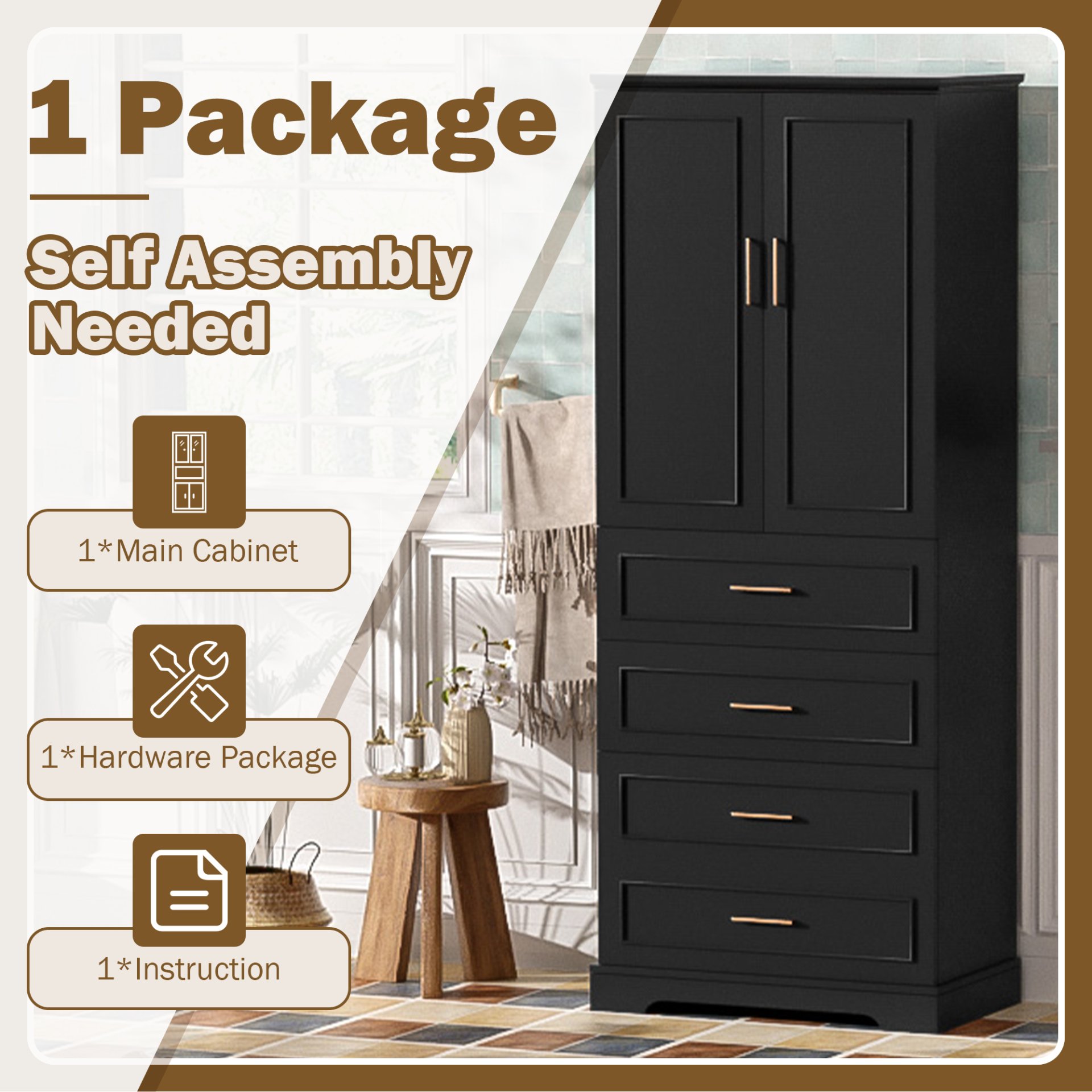Bathroom Cabinet With 3 Drawers, Adjustable Shelf, Panels, Steel Handles, Soft Close Doors - Black - Image 10