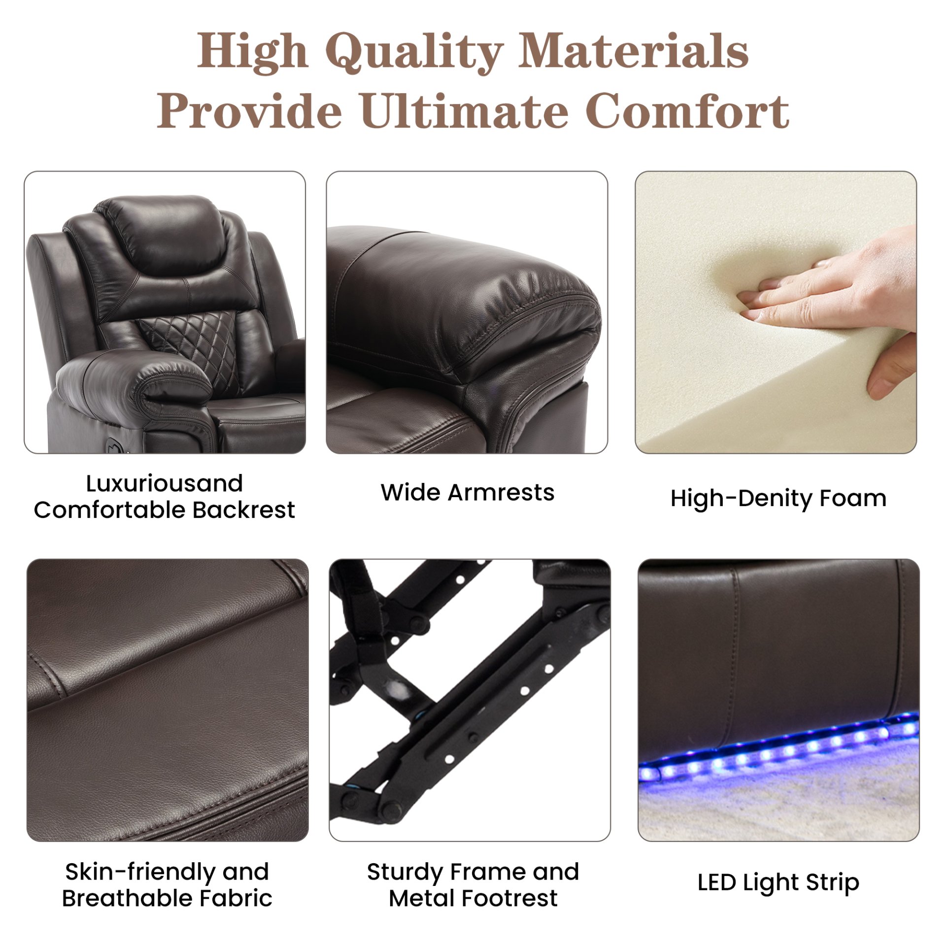 3 Pieces Recliner Sofa Sets Home Theater Seating Manual Recliner Chair With Center Console And Led Light Strip For Living Room - Brown - Image 9