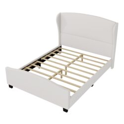 Queen Bed High Headboard Modern Wingback Linen Upholstered - Beige