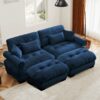 Modern Oversized 2 Seater Sofa With Ottoman Velvet Round Bolster Armrests Waist Pillow And Throw Pillows - Blue - Image 8