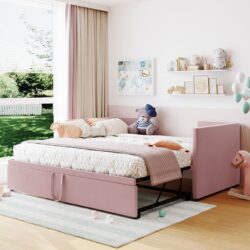 Twin Size Upholstered Daybed With Pop Up Trundle - Pink