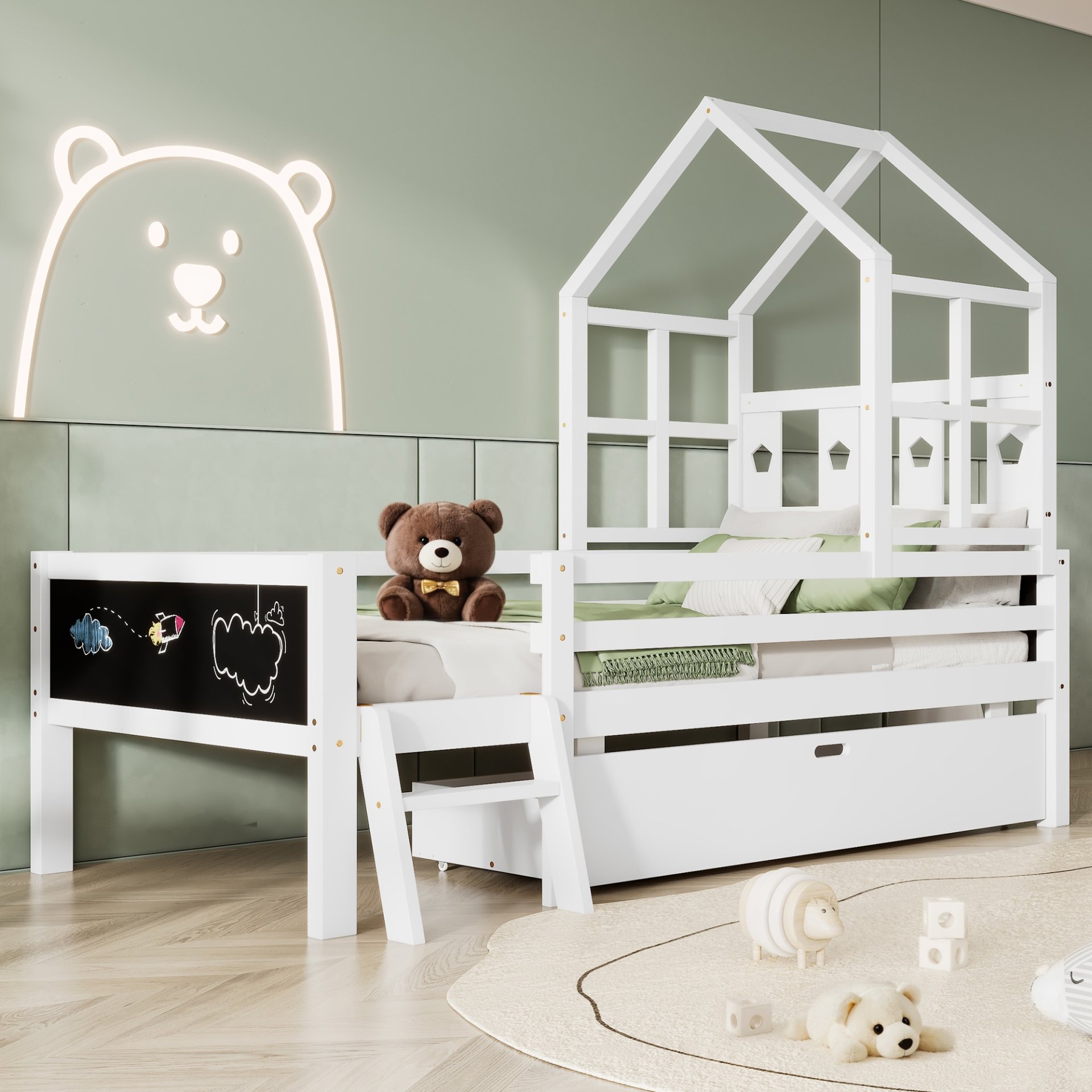 Twin Size House Bed With Ladder, Storage Drawers, And Blackboard Design - White - Image 2