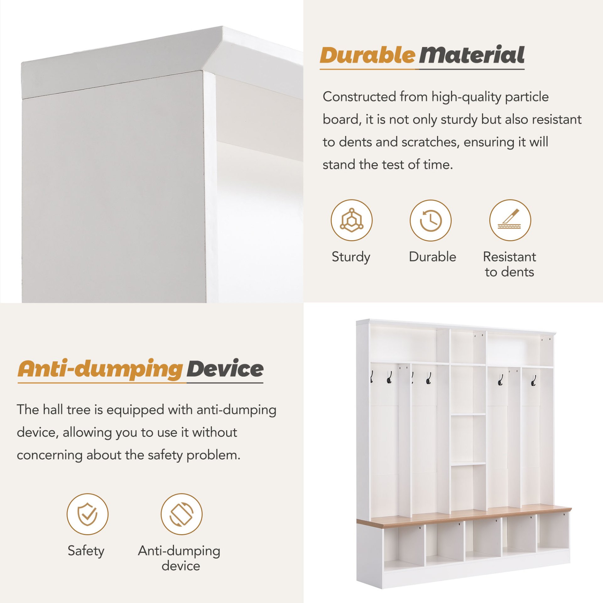 Wide Design Hall Tree With Storage Bench, Minimalist Shoe Cabinet With Cube Storage & Shelves, Multifunctional Coat Rack With 8 Hooks For Entryways, Mudroom - White - Image 8