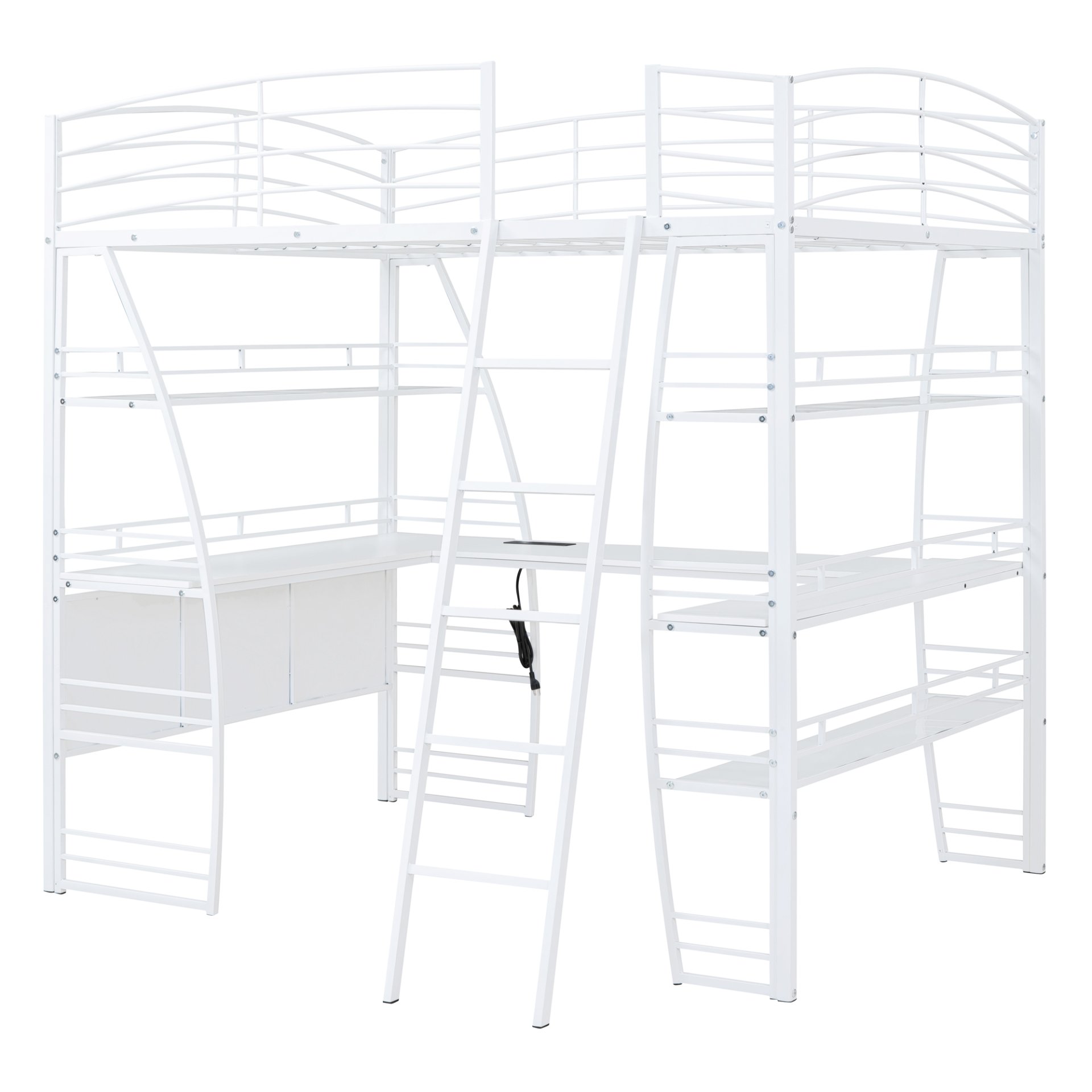 Full Size Loft Bed With 4 Layers Of Shelves And L-Shaped Desk, Stylish Frame With A Set Of Sockets, USB Ports And And Wireless Charging - White - Image 3