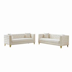 3 And 3 Seater Deep Seat Sofa With Button Nailhead And Square Arm Design - Beige