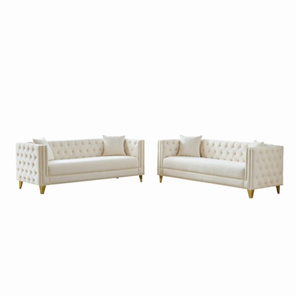 3 And 3 Seater Deep Seat Sofa With Button Nailhead And Square Arm Design - Beige