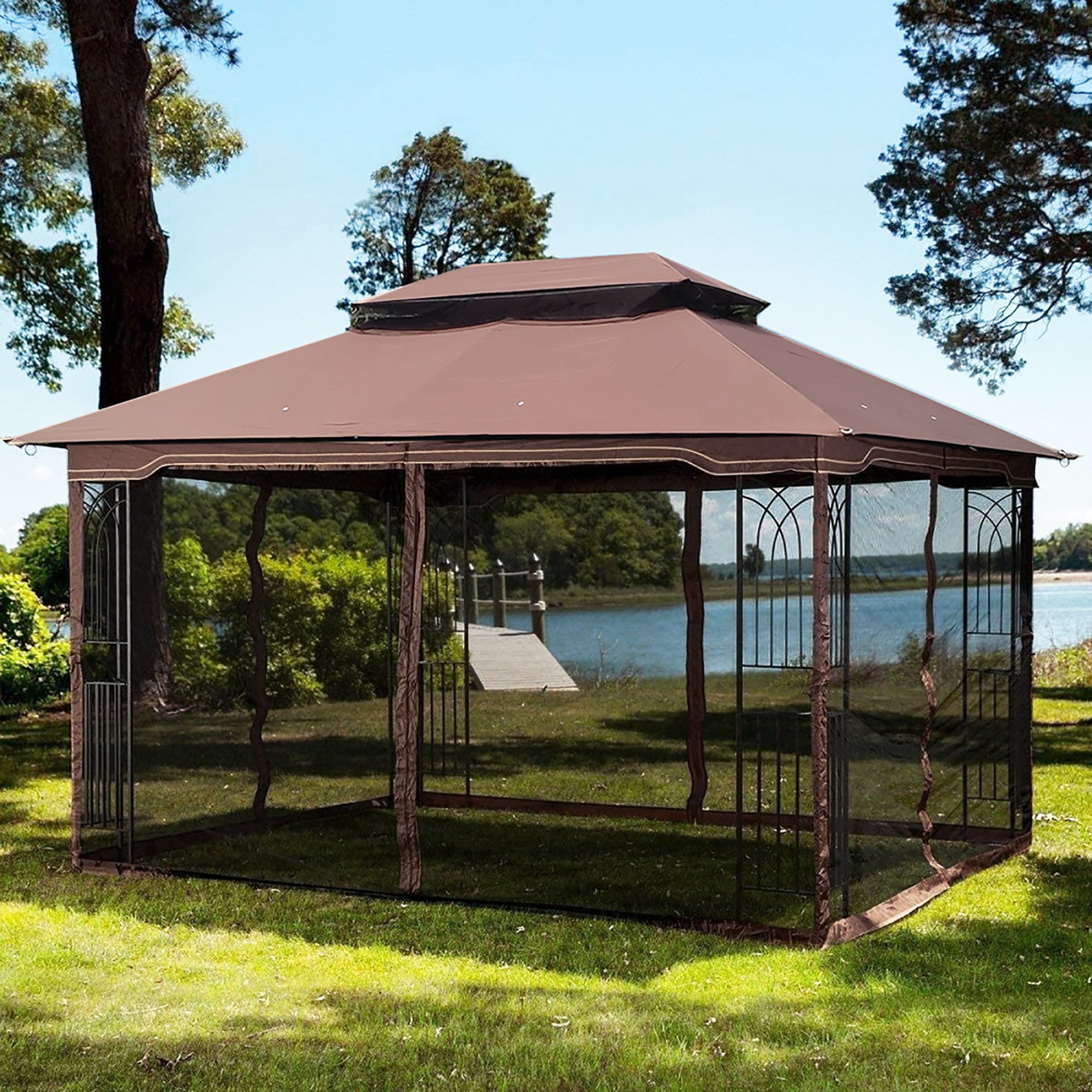 13 0 Outdoor Patio Gazebo Canopy Tent With Ventilated Double Roof And Mosquito Net (Detachable Mesh Screen On All Sides) Suitable For Lawn Garden Backyard And Deck Top - Brown - Image 4