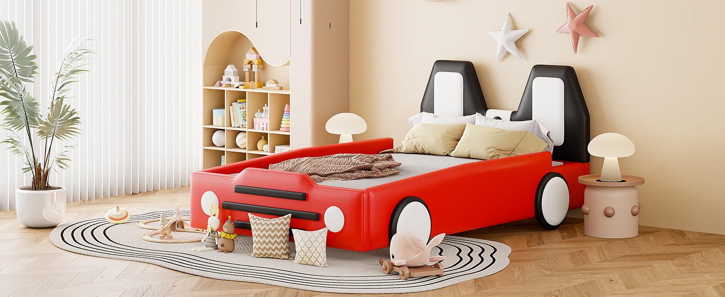 Twin Size Race Car Shaped, Platform Bed & Wheels - Red - Image 14