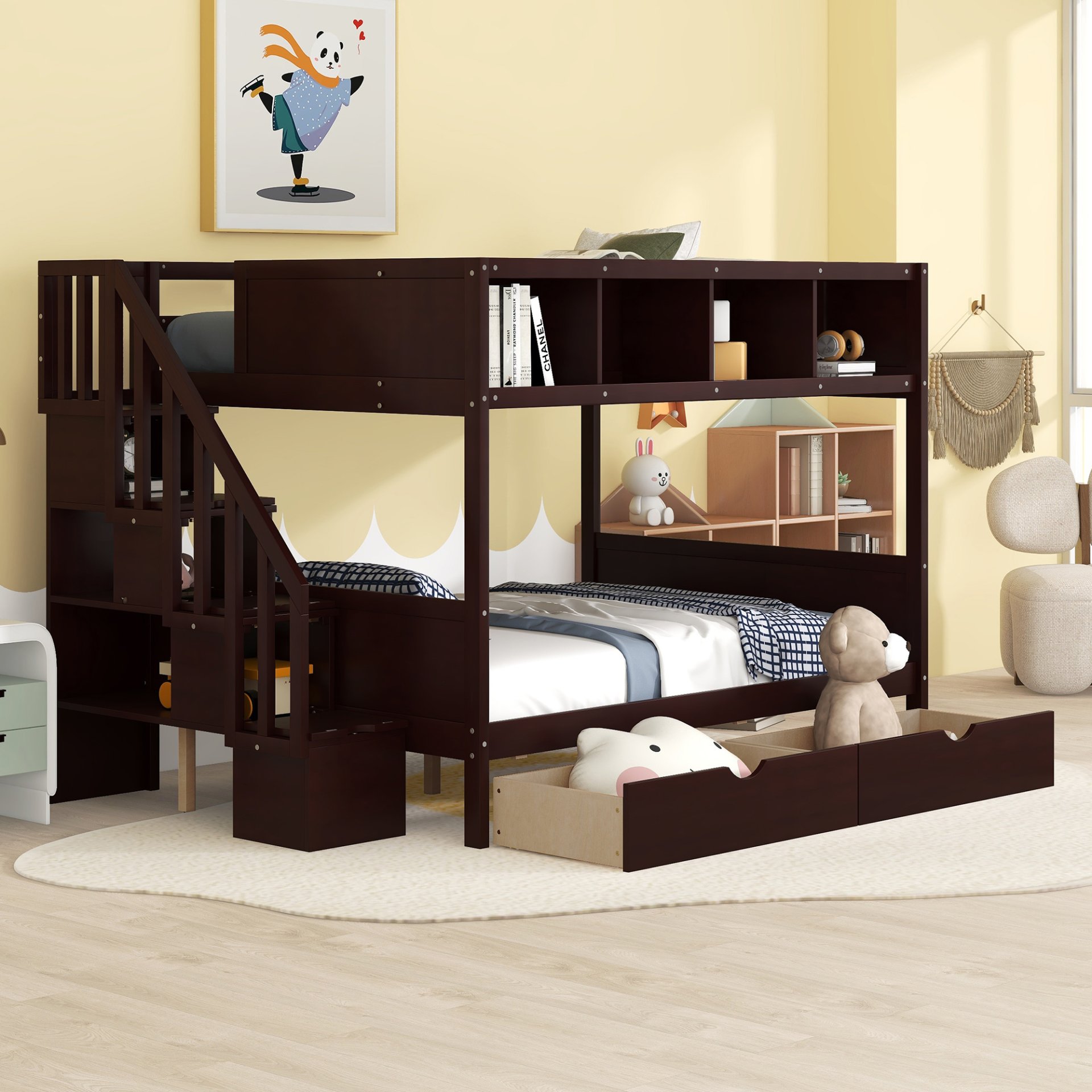 Twin Over Full Bunk Bed With Shelfs, Storage Staircase And 2 Drawers - Espresso - Image 3