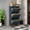 3 Door Metal Shoe Rack, Freestanding Modern Shoe Storage Cabinet With Metal Rattan, Particle Board For Entryway - Blue Gray - Image 5