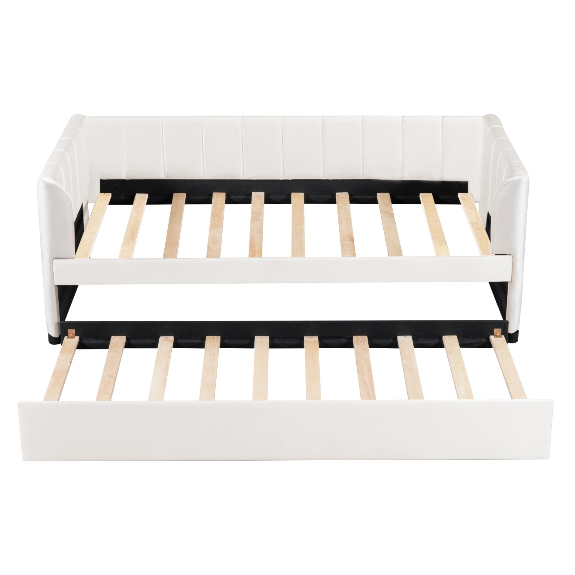 Twin Size Upholstered Daybed With Ergonomic Design Backrest And Trundle - Beige - Image 4