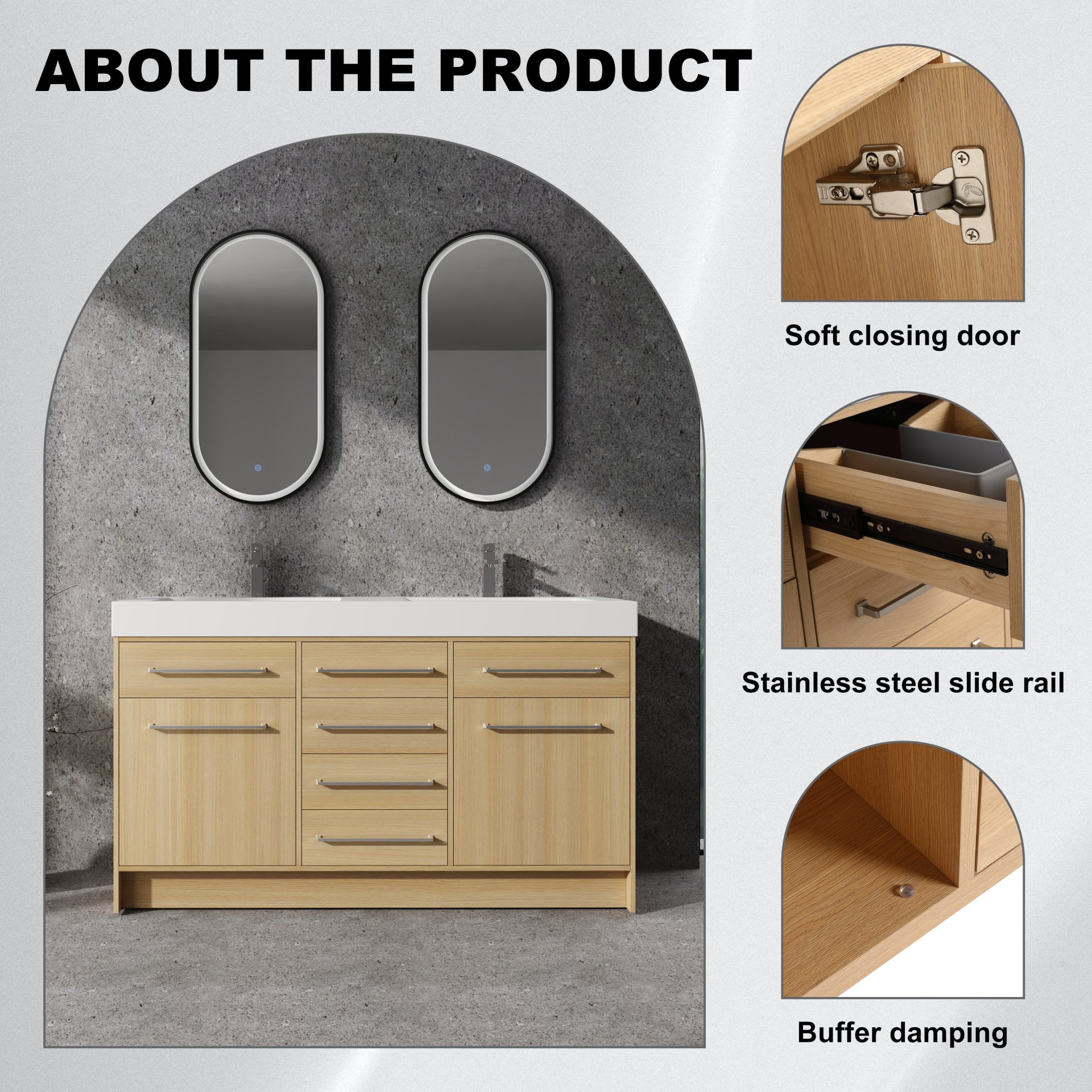 Original 60" Freestanding Bathroom Vanity With Double Resin Sink Soft Closing Doors & Drawers Plywood - Oak - Image 2