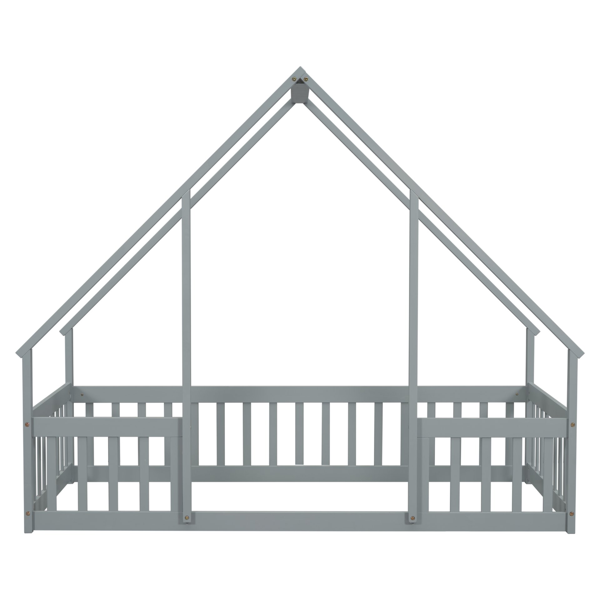Twin Wood House-Shaped Floor Bed With Fence, Guardrails - Gray - Image 15