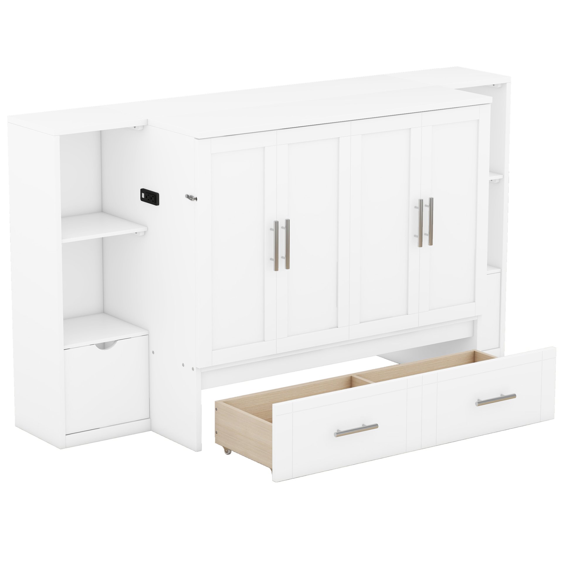 Queen Size Murphy Bed With Shelves, Drawers And USB Ports - White - Image 8
