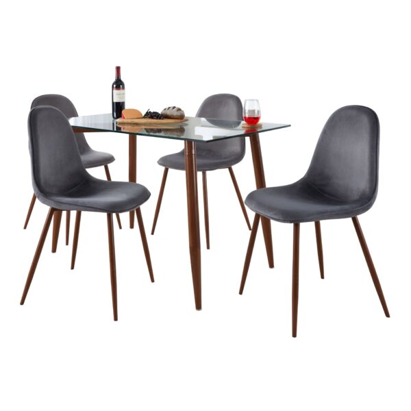 Clara Pebble - 5 Piece Mid-Century Modern Dining Set - Walnut / Clear / Gray