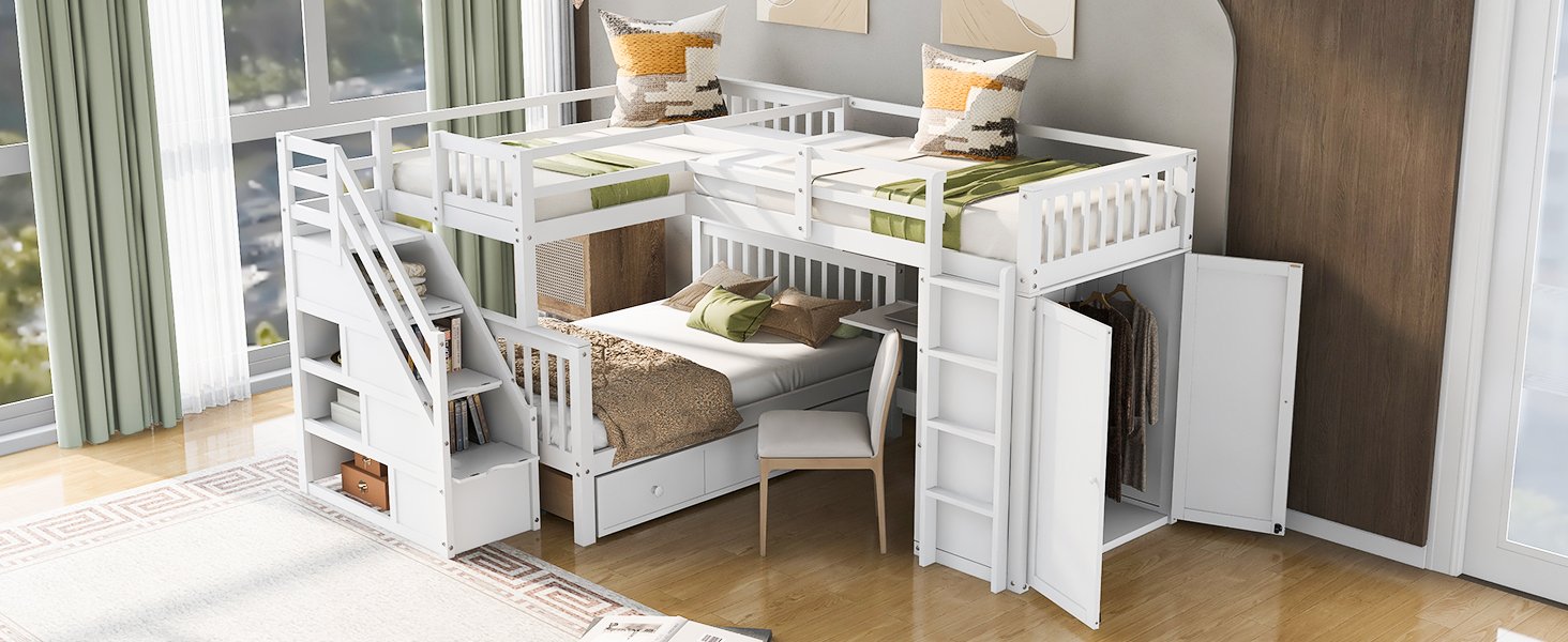 Twin Twin Over Full L Shaped Bunk Bed With 3 Drawers, Portable Desk And Wardrobe - White - Image 23