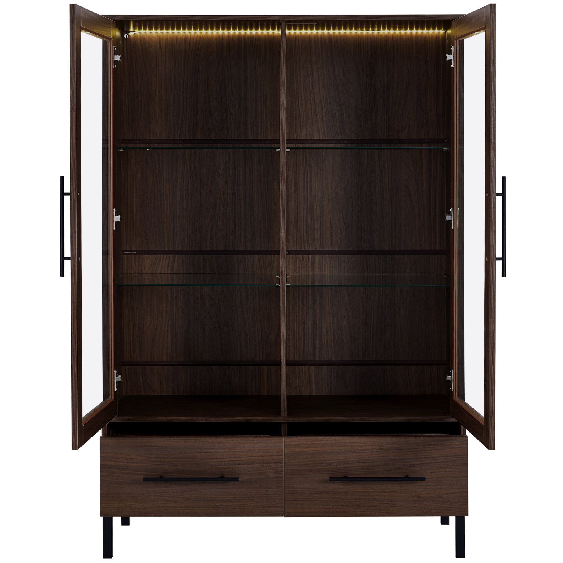 Modern Style Tall Display Cabinet With LED Lighting, Tempered Glass Door, 2 Drawers - Black / Dark Walnut - Image 7
