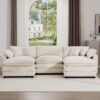 Oversized Modular Cushion Sofa With Ottomans Comfy Upholstered U Shaped Convertible Corner Sectional Sofa Light Corduroy - Beige - Image 12