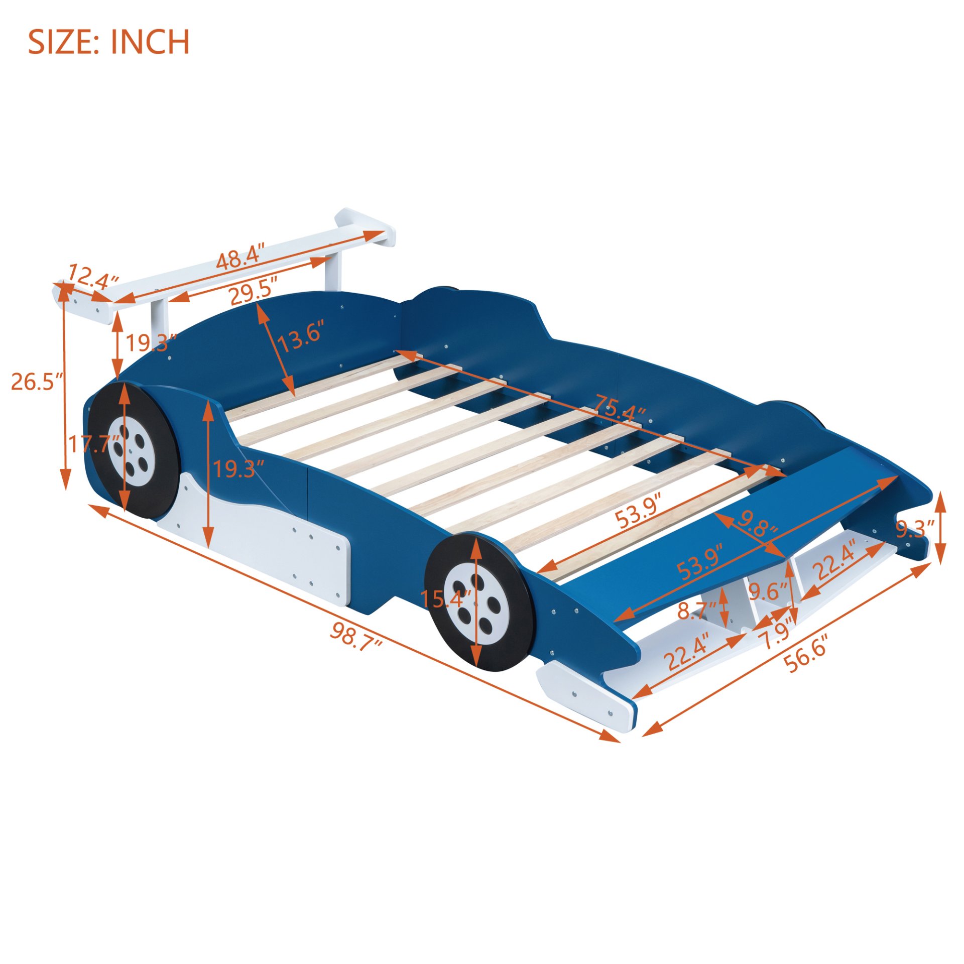 Full Size Race Car Shaped Platform Bed With Wheels - Blue - Image 10