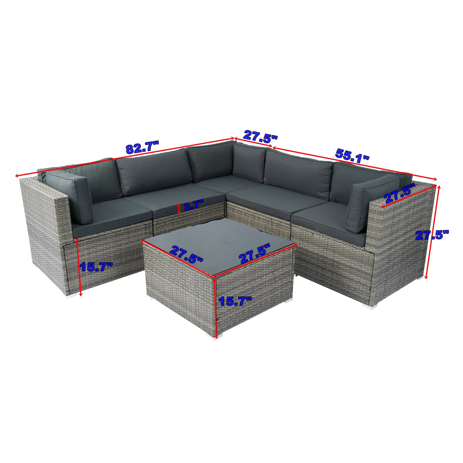 6 Pieces PE Rattan Sectional Outdoor Furniture Cushioned Sofa Set Wicker - Gray - Image 3