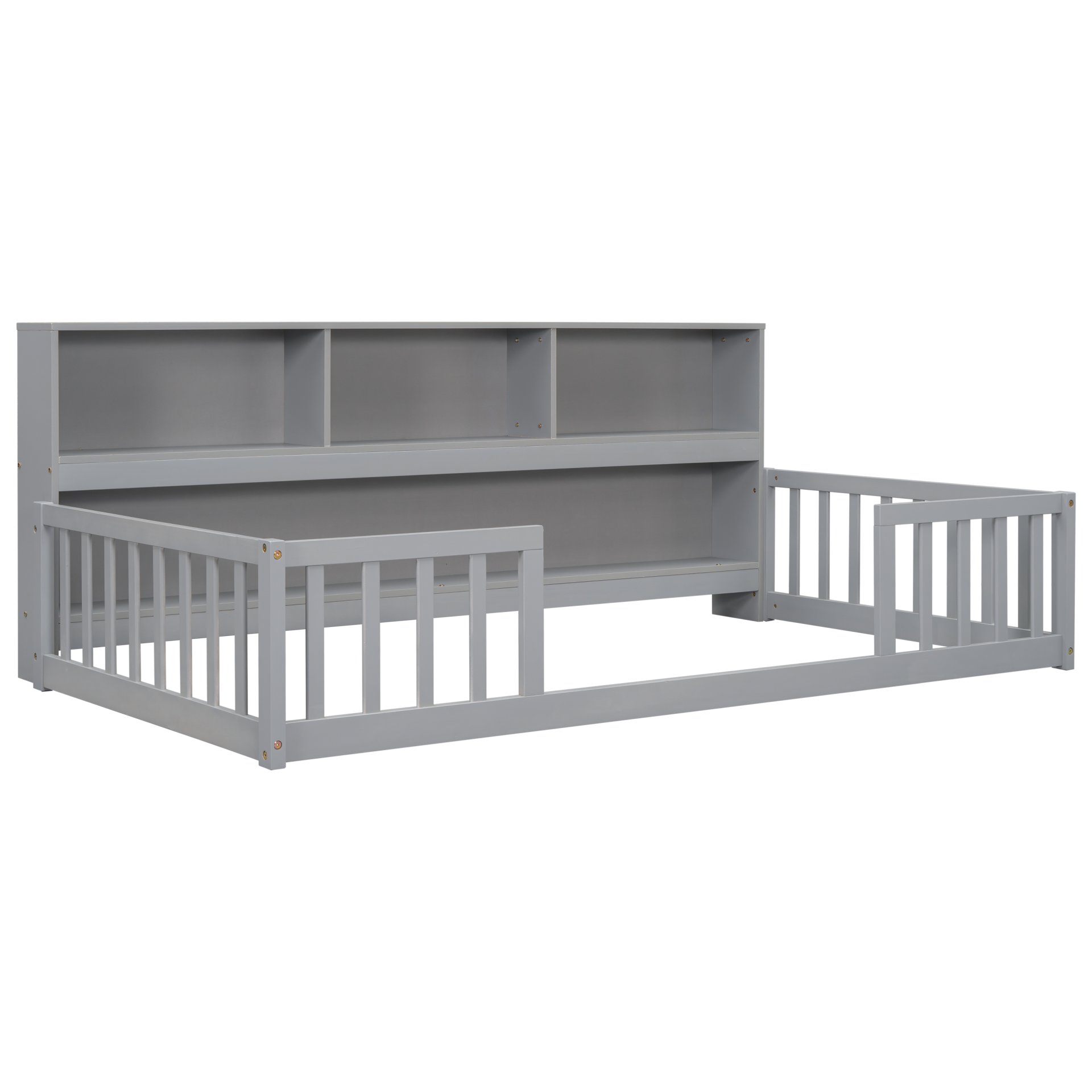 Twin Floor Bed With Bedside Bookcase, Shelves, Guardrails - Gray - Image 12