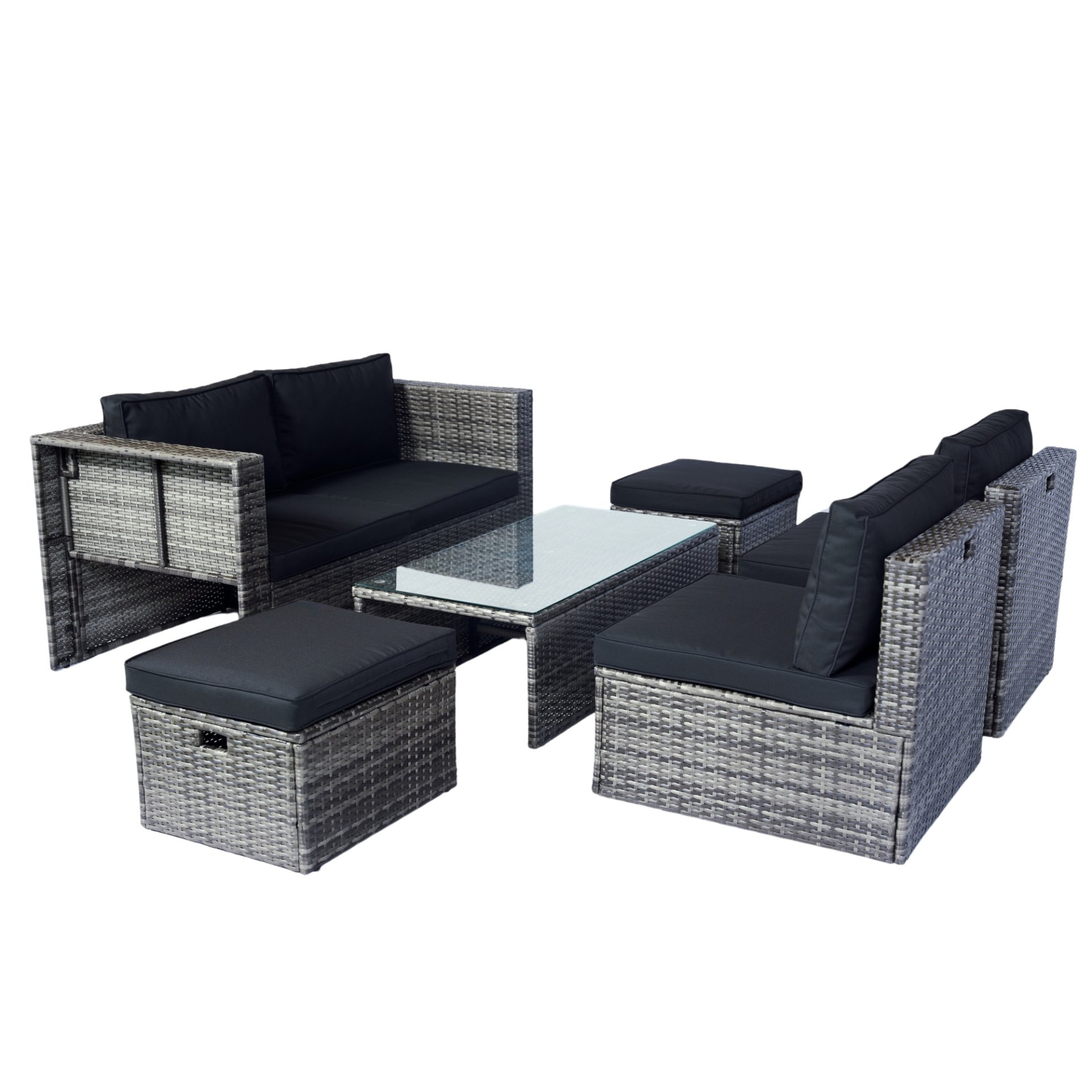 6 Piece Patio Wicker Sectional Set Patio Backyard Conversation Set Space Saving - Gray / Black - Image 18