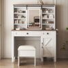 Rustic Farmhouse Makeup Vanity Desk With Sliding Mirror, LED Lights, And Charging Socket - White - Image 2
