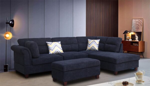 Diego - Fabric Sectional Sofa With Right Facing Chaise, Storage Ottoman, And 2 Accent Pillows - Black