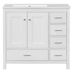 Bathroom Vanity With Ceramic Sink Combo, Abundant Storage Cabinet -2 Soft-Close Doors And 5 Drawers - White