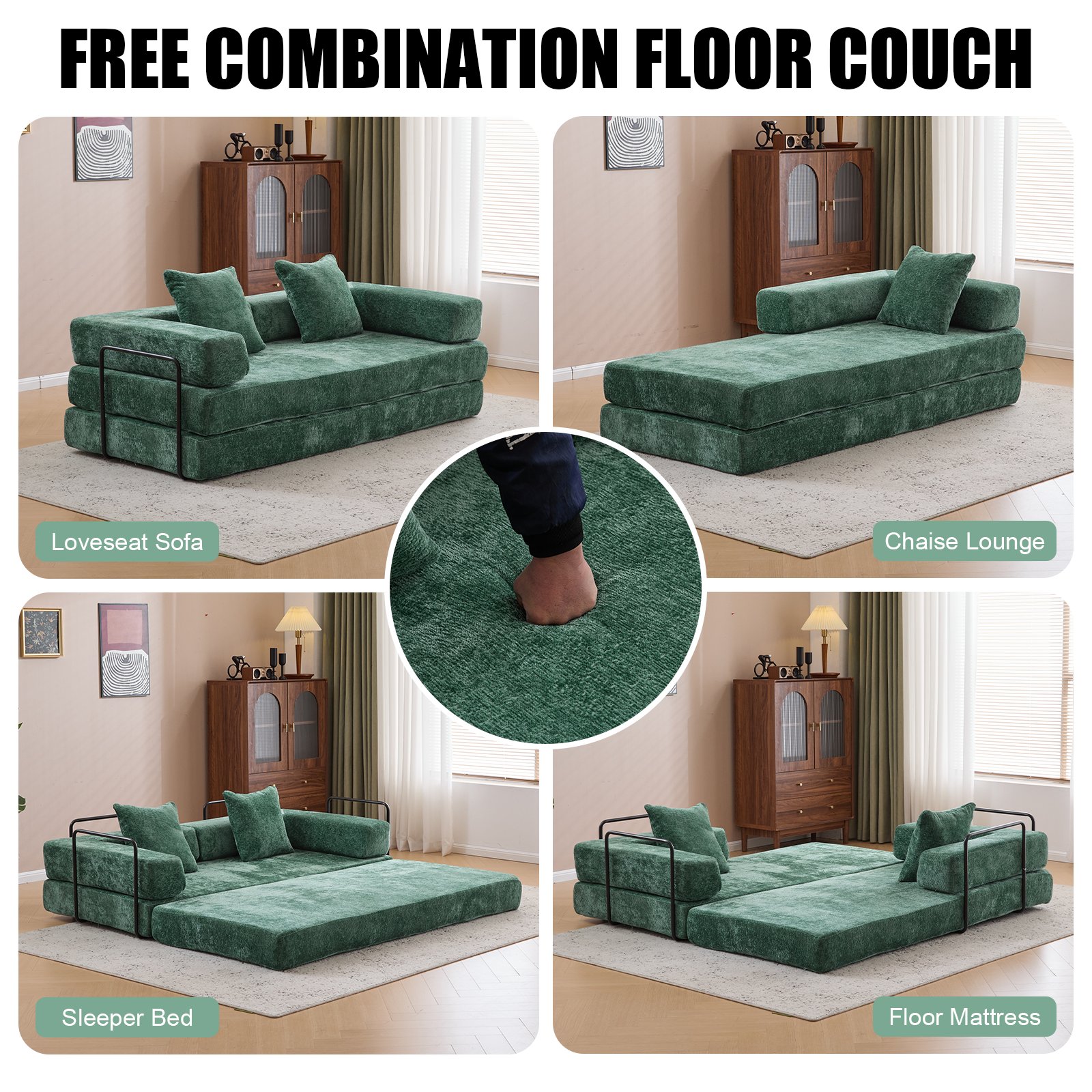 Floor Couch, Compression Sofa, Convertible Floor Sofa Bed & Pillow Back Support Armrest - Dark Green - Image 5