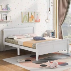 Full Size Platform Bed With Headboard And Slat Support - White
