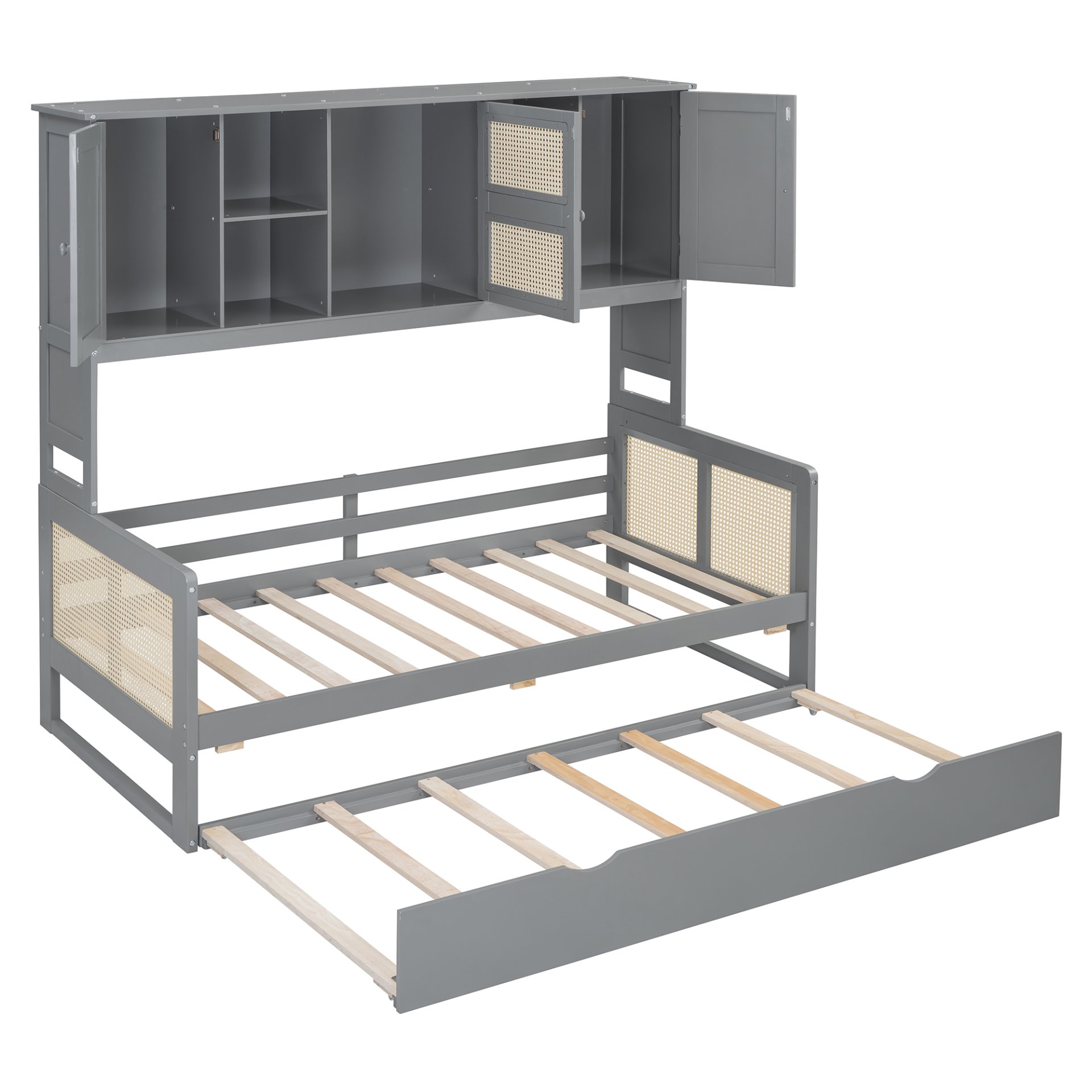 Twin Size Wooden Daybed With Twin Size Trundle, And All In One Cabinet And Shelf - Gray - Image 13