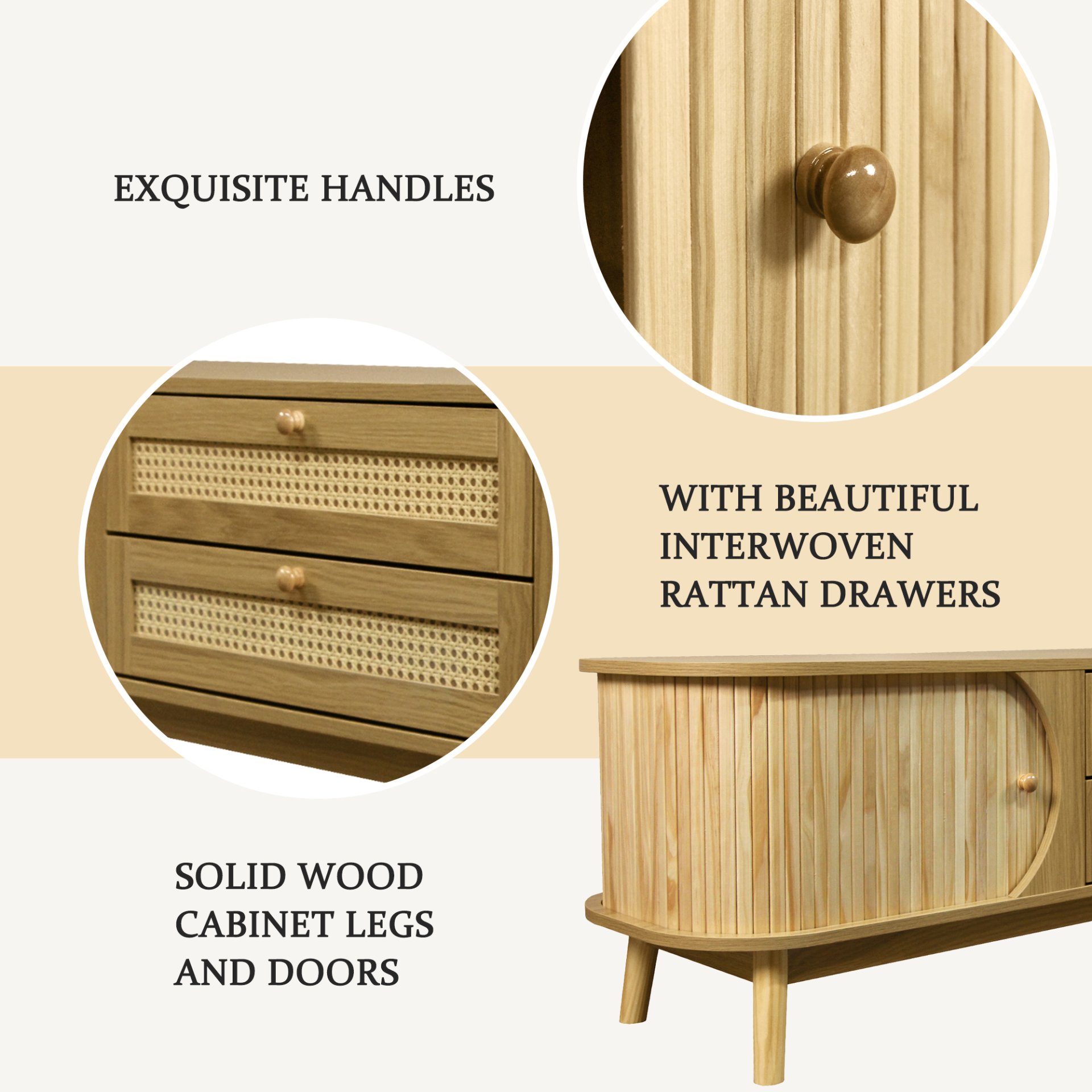 Rattan TV Stand For Tvs Up To 75'', Modern Farmhouse Media Console, Entertainment Center With Legs, TV Cabinet For Living Room, Home Theatre - Natural Wood - Image 7