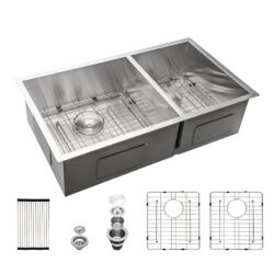 Undermount Double Bowl Kitchen Sink 60 / 40 16 Gauge, 9" Depth - Brushed Nickel