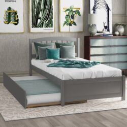 Twin Size Platform Bed Frame With Trundle - Gray