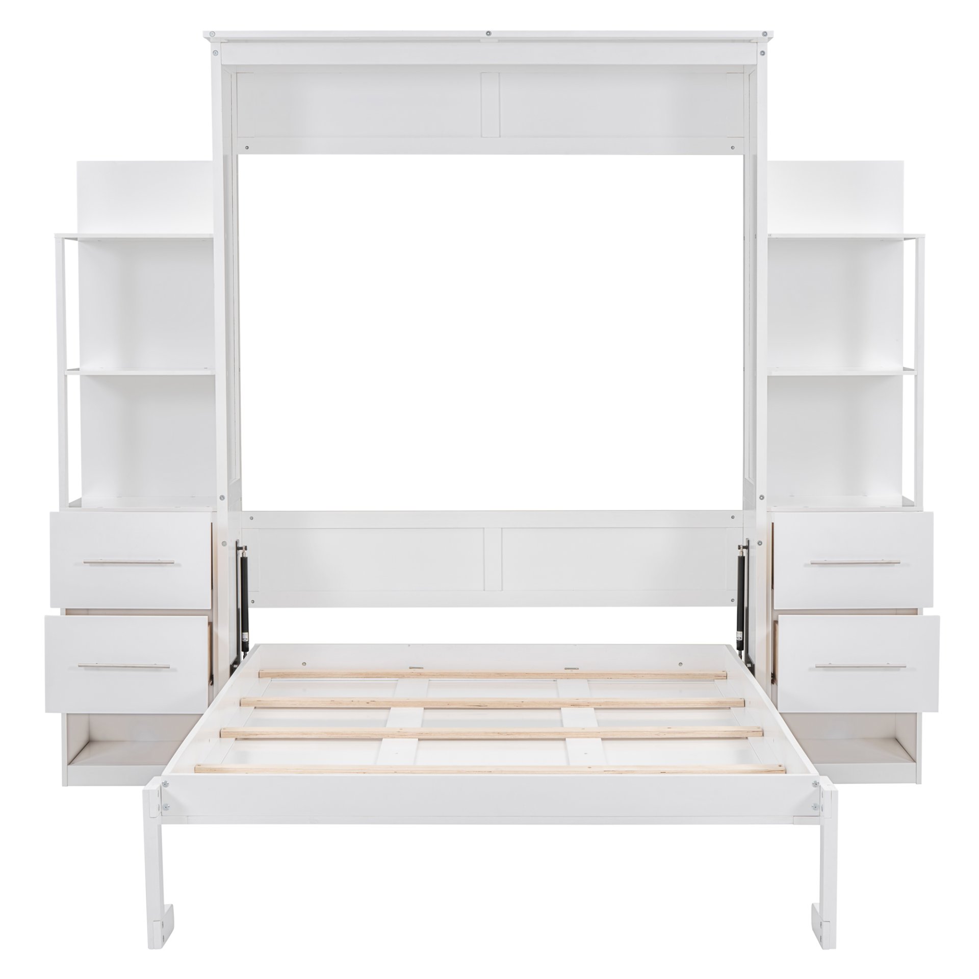 Full Size Murphy Wall Bed With Shelves, Drawers And LED Lights - White - Image 10