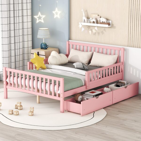 Full Size Platform Bed With Guardrails On Both Sides And 2 Storage Drawers - Pink